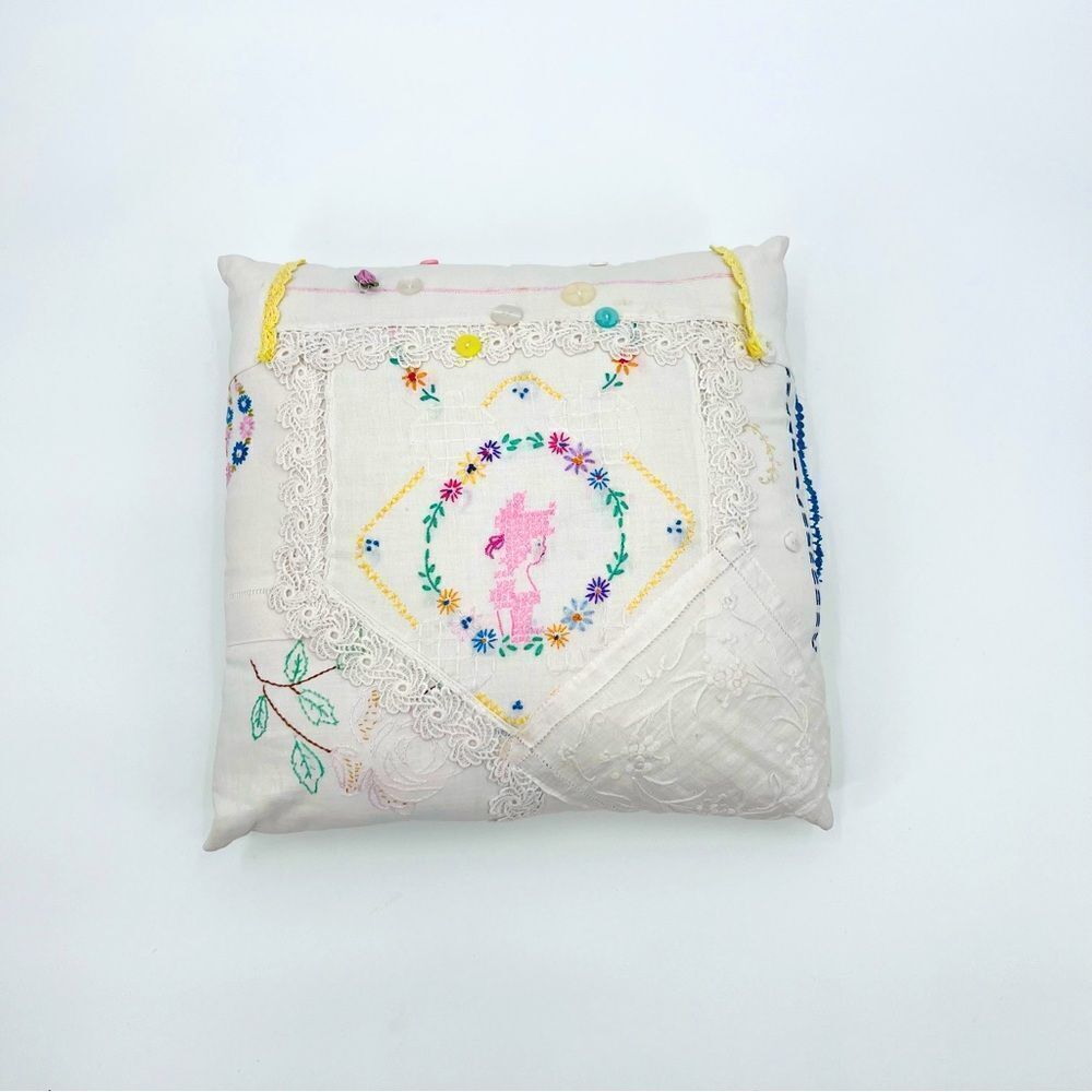 Pillow Cushion Handmade Embroidery Craft Floral Lace Crochet Multicolor Boho